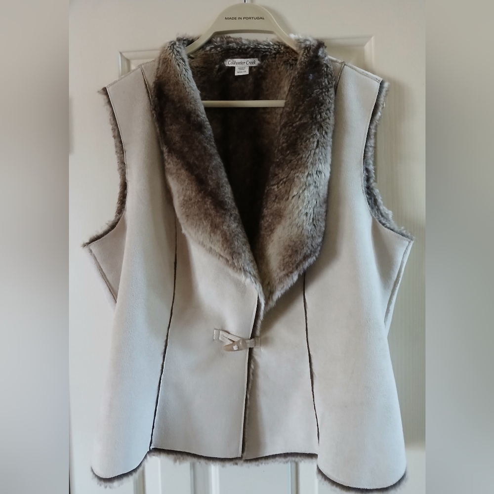 Ladies' Coldwater Creek Faux Fur-lined Suede Vest With Toggle Closure.